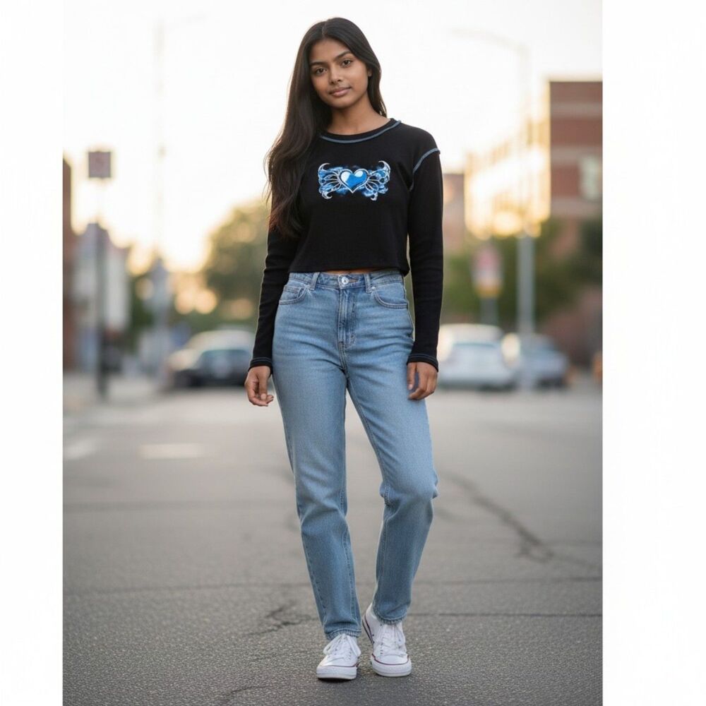 ROMWE Heart Graphic Crop Top Long Sleeve Y2K Fitted Stretch Black Small